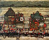 Egon Schiele Canvas Paintings - Houses with Laundry Suburg II